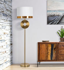 Lampe de sol géométrique métal doré abat-jour tissu blanc bord doré
