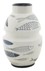 Vase en céramique blanche décorations poissons bleus