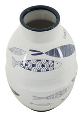 Vase en céramique blanche décorations poissons bleus