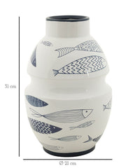 Vase en céramique blanche décorations poissons bleus