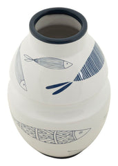 Vase en céramique blanche décoré de poissons et motifs bleus