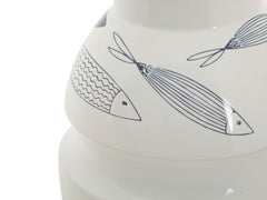 Vase en céramique blanche décoré de poissons et motifs bleus