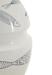 Vase en céramique blanche décoré de poissons et motifs bleus