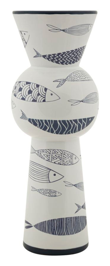 Vase haut en céramique blanche décor poissons et bleu