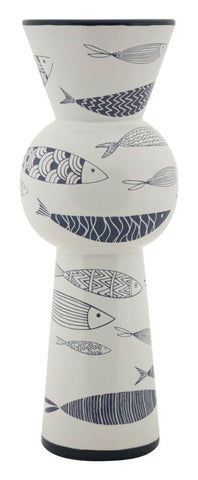 Vase haut en céramique blanche décor poissons et bleu