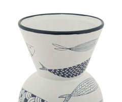 Vase haut en céramique blanche décor poissons et bleu