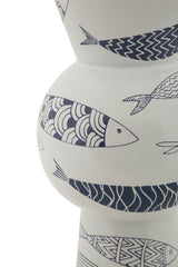 Vase haut en céramique blanche décor poissons et bleu
