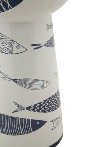 Vase haut en céramique blanche décor poissons et bleu