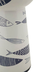 Vase haut en céramique blanche décor poissons et bleu