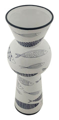 Vase haut en céramique blanche décor poissons et bleu