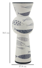 Vase haut en céramique blanche décor poissons et bleu