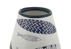 Vase en céramique blanche décoré de poissons et motifs bleus