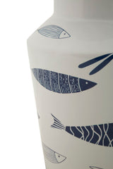 Vase en céramique blanche décoré de poissons et motifs bleus
