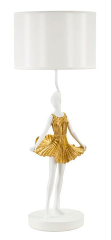 Lámpara de mesa Dancer de metal y resina, vestido dorado, pantalla de tela blanca