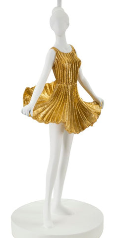 Lámpara de mesa Dancer de metal y resina, vestido dorado, pantalla de tela blanca