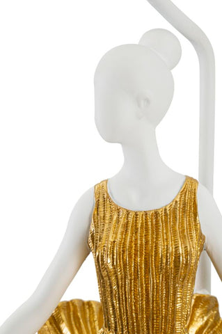 Lámpara de mesa Dancer de metal y resina, vestido dorado, pantalla de tela blanca