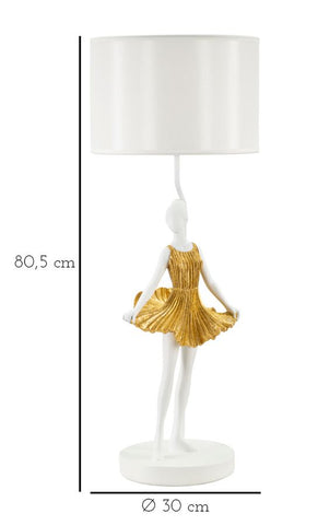 Lámpara de mesa Dancer de metal y resina, vestido dorado, pantalla de tela blanca