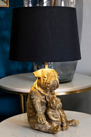 Lámpara de mesa Perro de resina dorada pantalla de tela Negra