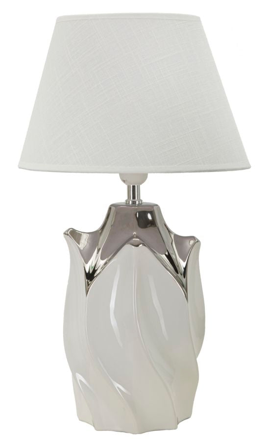 Lámpara de mesa de cerámica blanca y gris con pantalla de tela blanca