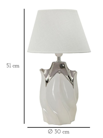 Lámpara de mesa de cerámica blanca y gris con pantalla de tela blanca