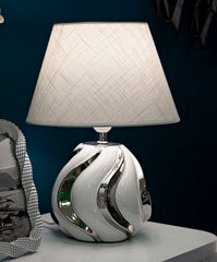 Lampe de table Shiney Céramique Blanche abat-jour Tissu Blanc finitions Argentées
