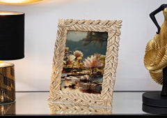 Cadre photo rectangulaire Solis Résine dorée tissage de feuilles