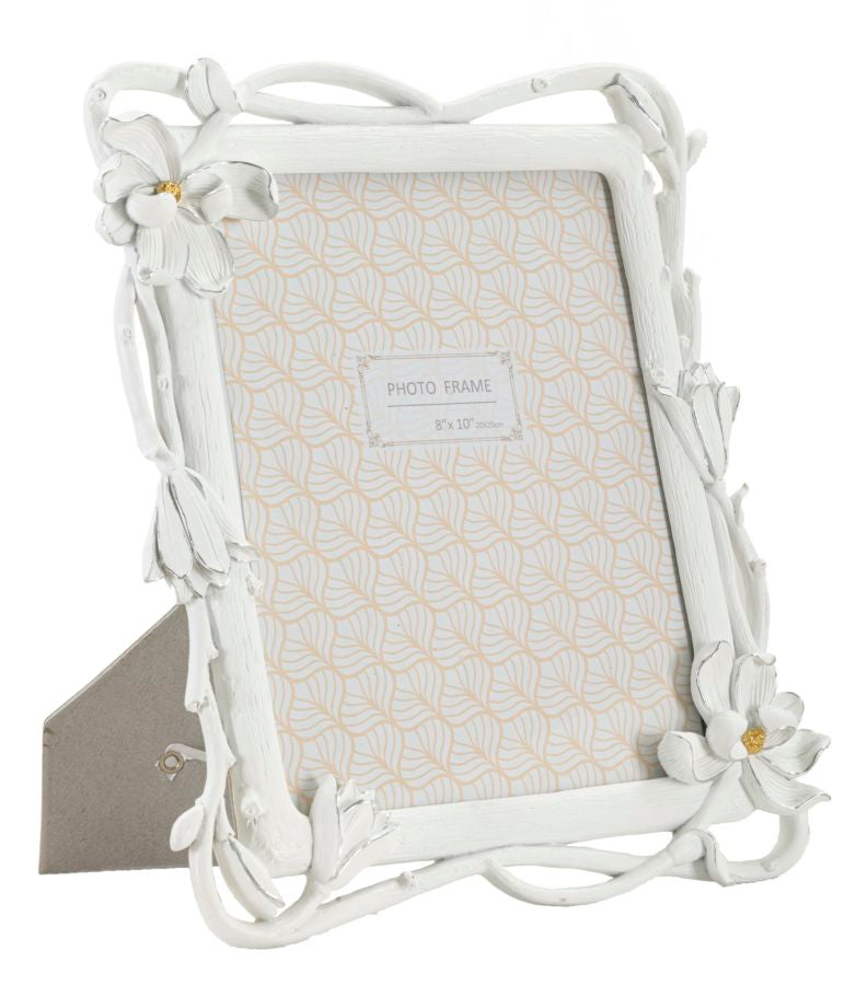 Cadre photo rectangulaire Magnolia résine tissage de fleurs blanc