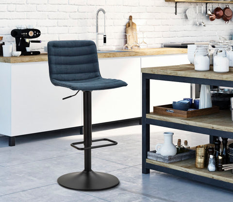 Tabouret de bar rond pivotant en métal et tissu rembourré bleu marine