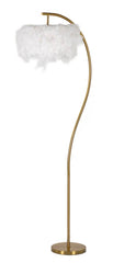 Lampe de sol design arqué en métal doré abat-jour plumes synthétiques blanc