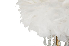 Lampe de table métal doré abat-jour plumes synthétiques ornements cristaux