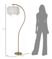Lampe de sol design arqué en métal doré abat-jour plumes synthétiques blanc