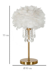 Lampe de table métal doré abat-jour plumes synthétiques ornements cristaux