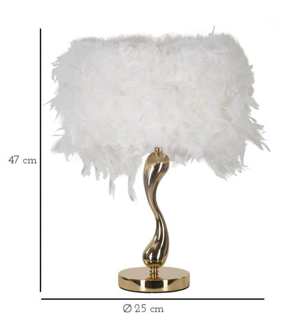 Lámpara de mesa Chariot metal dorado pantalla de plumas sintéticas blancas