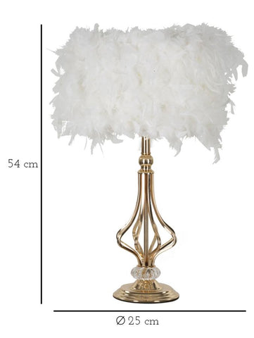 Lámpara de mesa Tarty de metal dorado y pantalla de plumas sintéticas blancas