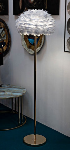 Lampe de sol en métal doré abat-jour plumes synthétiques Gris