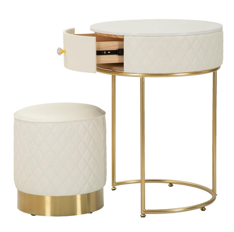 Table de chevet haute Sharon Simili Cuir Matelassé Pieds Dorés avec Pouf intégré