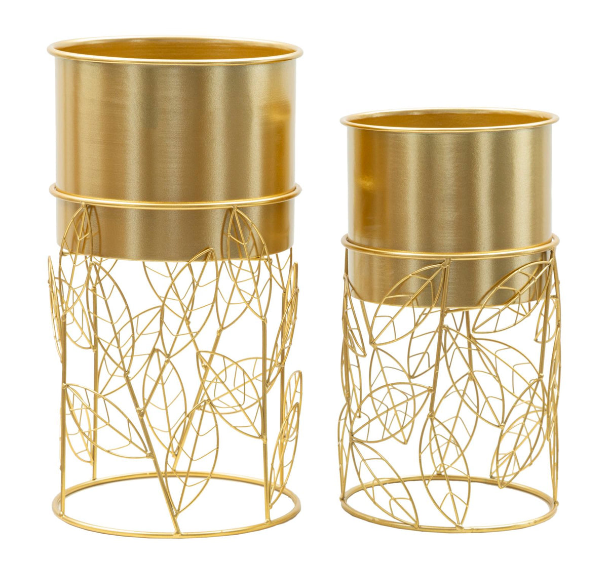 Porte-vase ensemble 2 pcs métal doré feuilles tissées