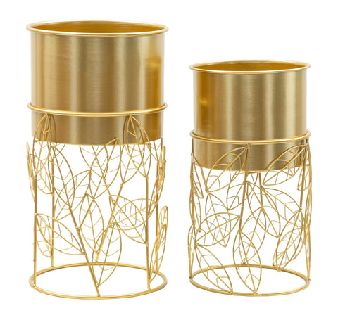 Porte-vase ensemble 2 pcs métal doré feuilles tissées