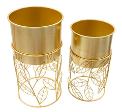 Porte-vase ensemble 2 pcs métal doré feuilles tissées