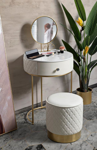 Table de chevet haute Sharon Simili Cuir Matelassé Pieds Dorés avec Pouf intégré