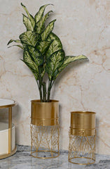 Porte-vase ensemble 2 pcs métal doré feuilles tissées