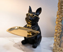 Décor bulldog avec plateau doré en métal noir