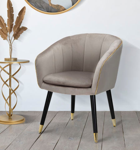 Fauteuil rembourré Paris Tissu gris pieds bois noirs avec détails dorés