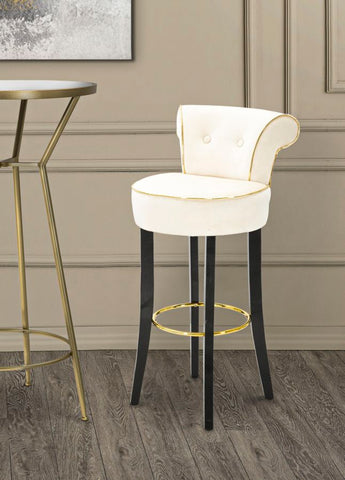 Tabouret de bar rond Luxy Velours Crème pieds métal doré