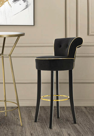 Tabouret de bar rond Luxy Velours Noir pieds métal doré