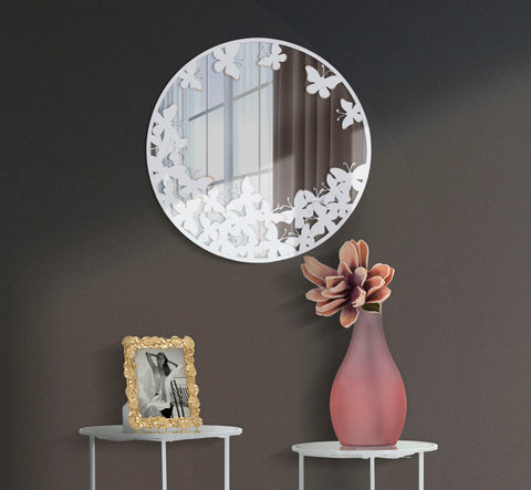 Espejo redondo de metal blanco con decoración de mariposas doradas