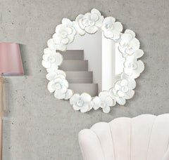 Miroir rond fleurs blanches métal et doré