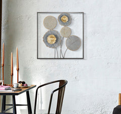 Panneau métallique décoratif fleurs et feuilles acier gris or