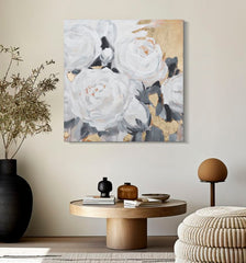 Peinture murale artisanale motif floral pastel avec cadre en bois