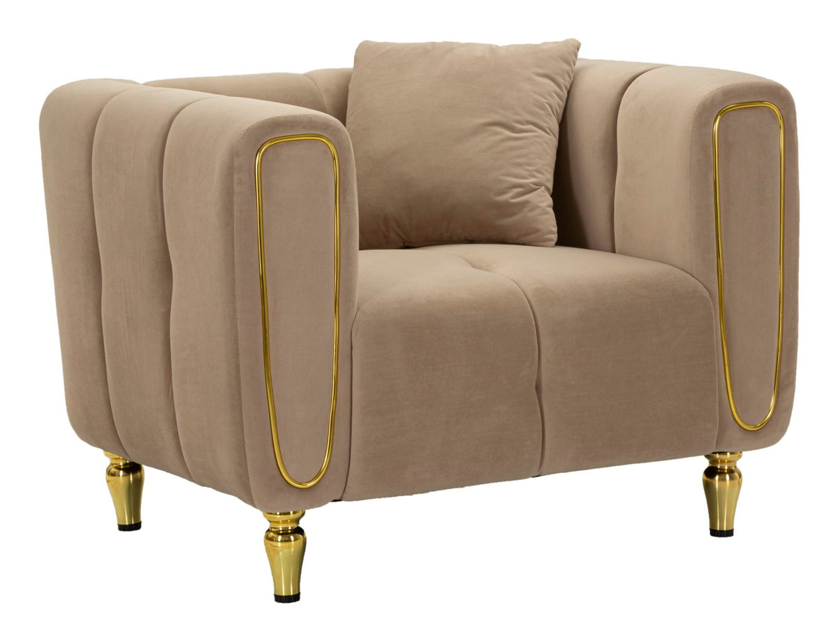 Fauteuil Alma Velours Matelassé Tourterelle pieds Dorés